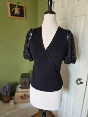 French Connection Black Wrap Sweater with Lace Sleeves